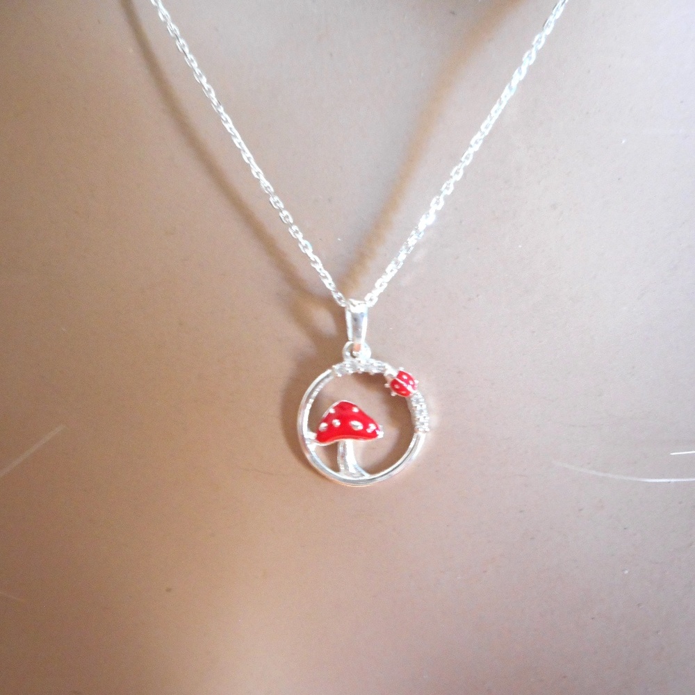 Solid 925 Sterling Silver Mushroom Ladybug Crysta… - image 3